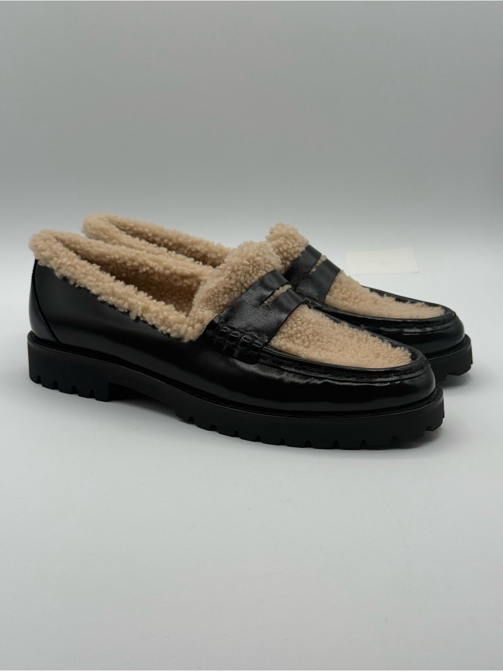 PAIGE Ellis Penny Loafers Black Leather Shearling Lined Lug Sole Slip-On Shoes - Picture 10 of 16